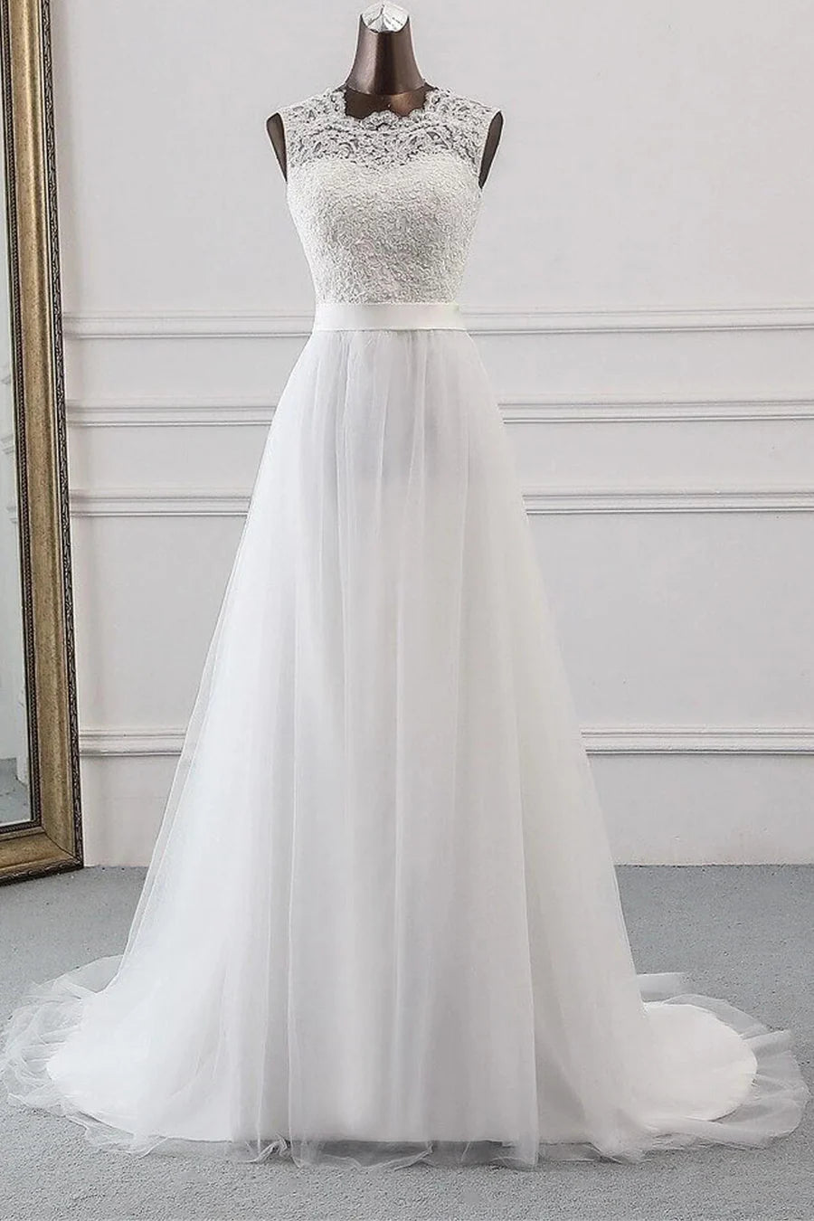 Vestido de novia largo sin mangas con encaje y escote corazón